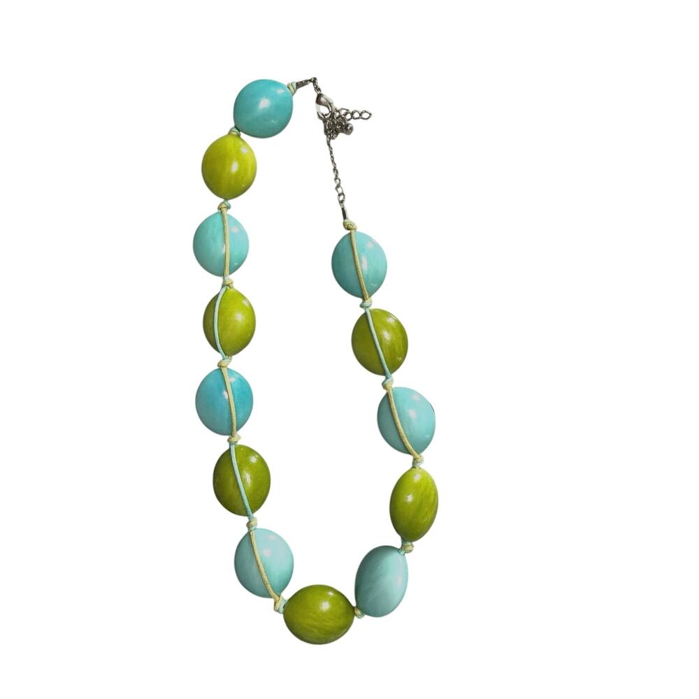 Necklace blue & green beads on threads handmade silver tone chain